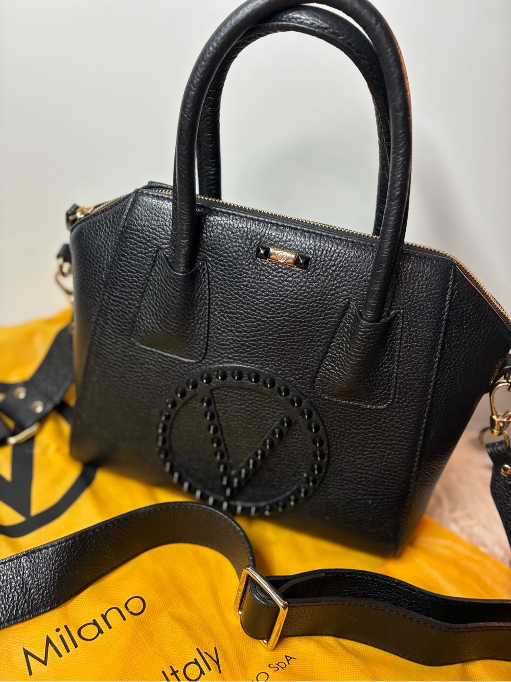 Valentino Black Pebbled Leather Stud-Embellished Satchel